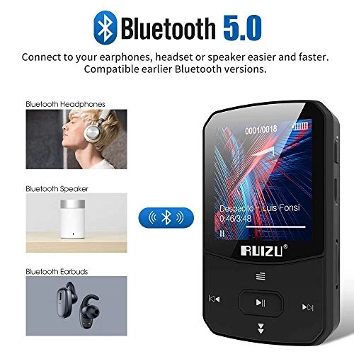RUIZU X52 16GB Clip Mp3 Player with Bluetooth 5.0 16GB Lossless Sound Music Player with FM Radio to 128GB(Black)