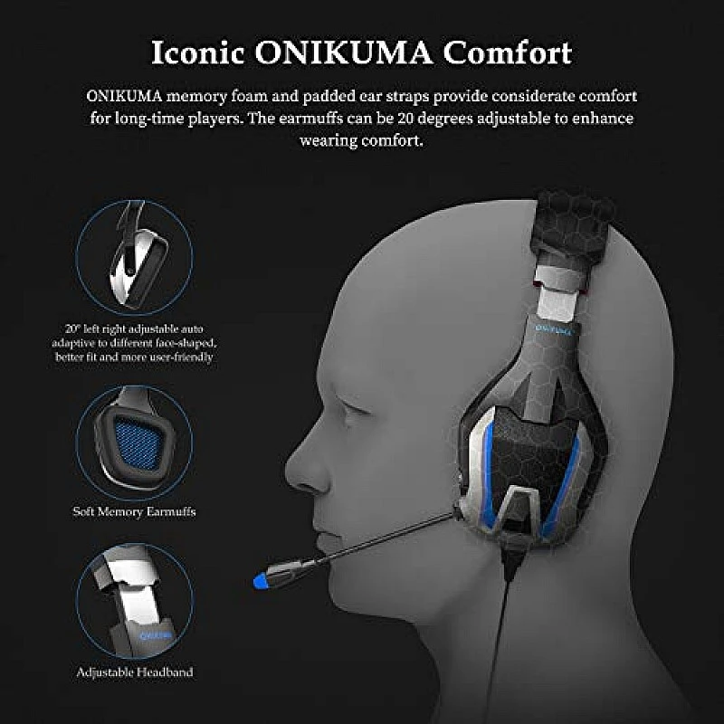 ONIKUMA K12 Stereo Gaming Headset with Mic, Controls and LED light for PC, PS4, Xbox and Mobiles (Black/Blue) ONIKUMA K12 Stereo Gaming Headset with Mic, Controls and LED light for PC, PS4, Xbox and Mobiles (Black/Blue)