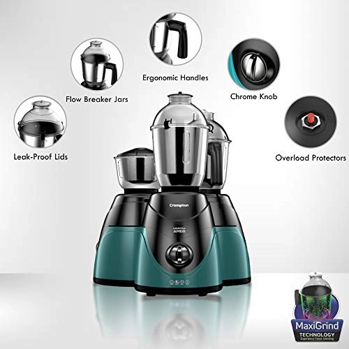 Crompton Ameo 750-Watt Mixer Grinder Motor Vent-X Technology (3 Stainless Steel Jars, Black And Green Crompton Ameo 750-Watt Mixer Grinder Motor Vent-X Technology (3 Stainless Steel Jars, Black And Green