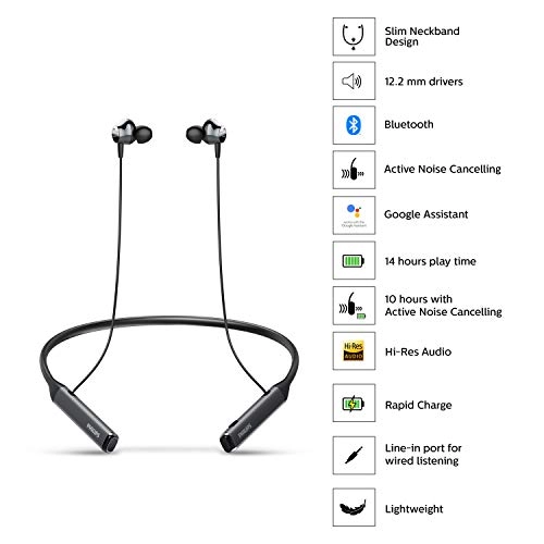 Philips Performance TAPN505BK Bluetooth 5.0 Active Noise Cancelling in-Ear Neckband Philips Performance TAPN505BK Bluetooth 5.0 Active Noise Cancelling in-Ear Neckband