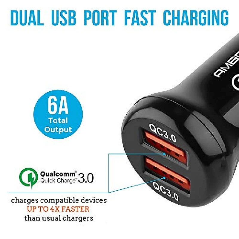 Ambrane 6.0 Amp Dual USB Car Charger (Qualcomm Certified) with Quick Charge 3.0 (ACC29QCM, Black) Ambrane 6.0 Amp Dual USB Car Charger (Qualcomm Certified) with Quick Charge 3.0 (ACC29QCM, Black)