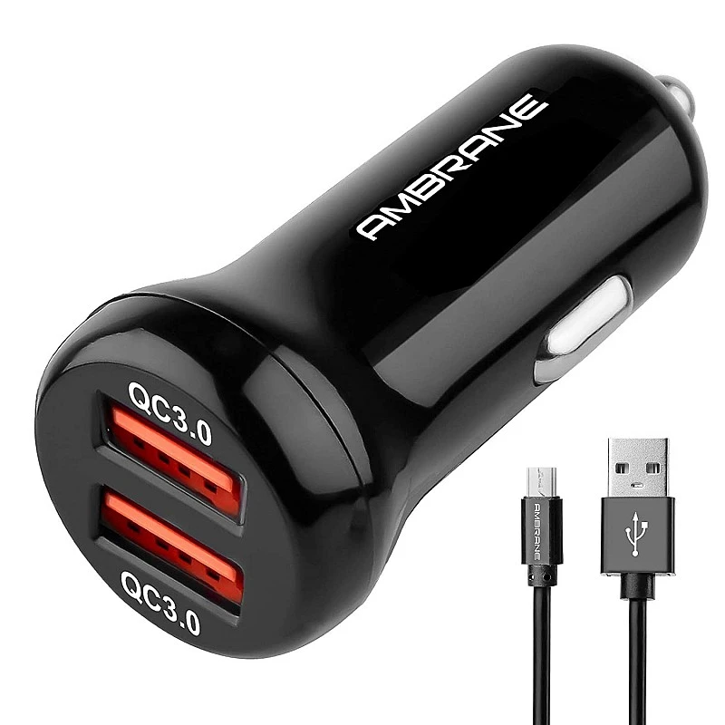 Ambrane 6.0 Amp Dual USB Car Charger (Qualcomm Certified) with Quick Charge 3.0 (ACC29QCM, Black) Ambrane 6.0 Amp Dual USB Car Charger (Qualcomm Certified) with Quick Charge 3.0 (ACC29QCM, Black)
