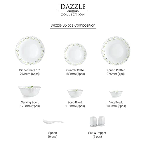 Cello Tropical Lagoon Dazzle Series Opalware Dinner Set, 35 Units Opal Glass Dinner Set for 6