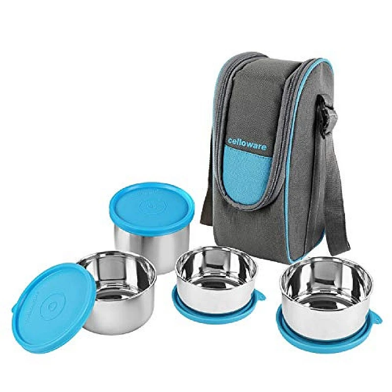 CELLO Steelox Stainless Steel Lunch Box Combo 4- Piece with Jacket, Blue,Ideal for Office CELLO Steelox Stainless Steel Lunch Box Combo 4- Piece with Jacket, Blue,Ideal for Office
