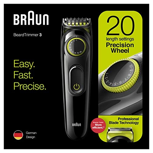 Braun Beard Trimmer BT3221 and Hair Clipper for Men, Lifetime Sharp Blades, 20 Length Settings, 50mins cordless trimming, Black/Volt Green