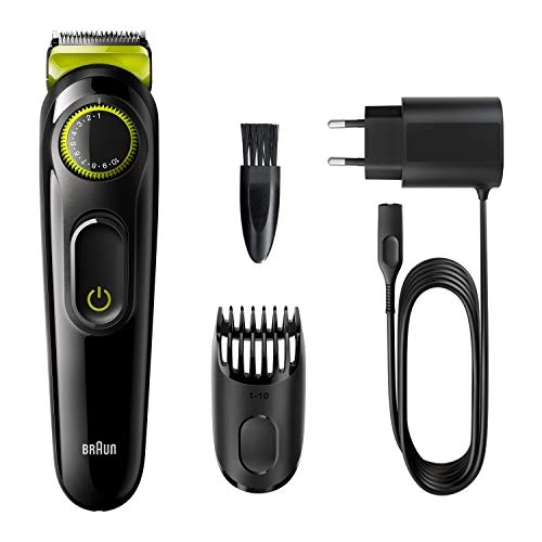 Braun Beard Trimmer BT3221 and Hair Clipper for Men, Lifetime Sharp Blades, 20 Length Settings, 50mins cordless trimming, Black/Volt Green