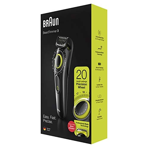 Braun Beard Trimmer BT3221 and Hair Clipper for Men, Lifetime Sharp Blades, 20 Length Settings, 50mins cordless trimming, Black/Volt Green