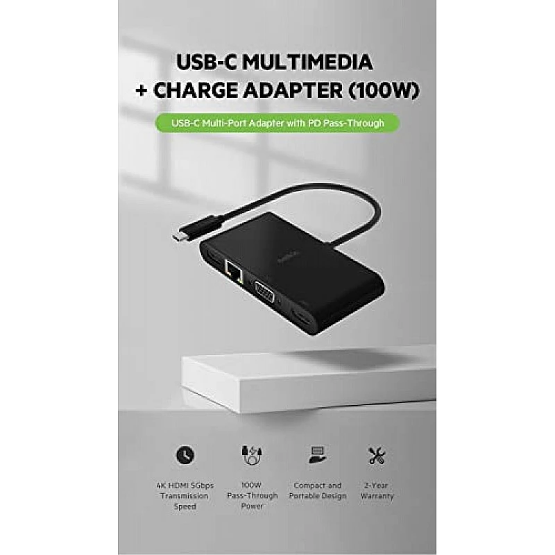 Belkin USB-C Multimedia + Charge Adapter (100W) with Tethered USB-C Cable Black Belkin USB-C Multimedia + Charge Adapter (100W) with Tethered USB-C Cable Black