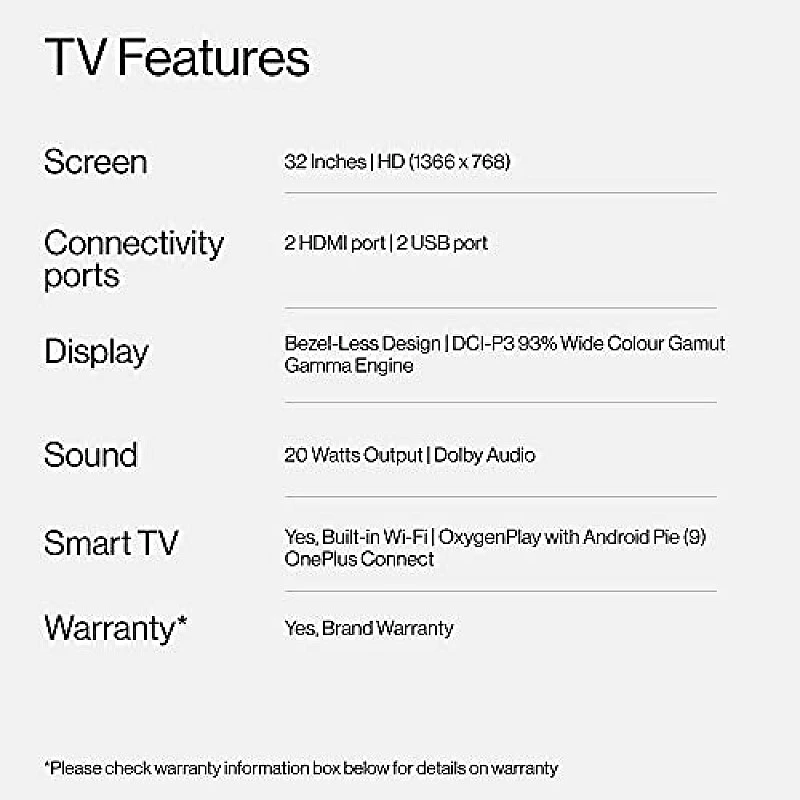 OnePlus 80 cm (32 inches) Y Series HD Ready LED Smart Android TV 32Y1 (Black) (2020 Model)- OnePlus 80 cm (32 inches) Y Series HD Ready LED Smart Android TV 32Y1 (Black) (2020 Model)-