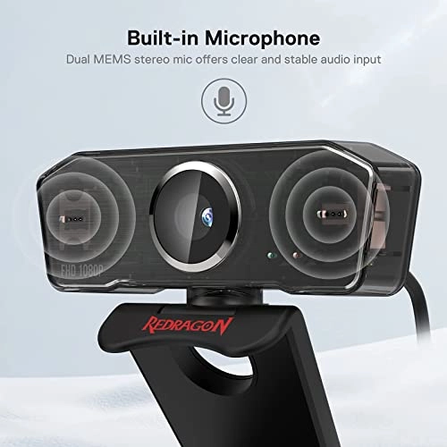 Redragon GW800 1080P Webcam with Built in Dual Microphone 360-Degree Rotation Black
