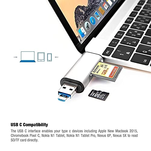 3-in-1 USB 3.0 Card Reader USB C, Micro USB Card Reader SD, Micro SD, SDXC, SDHC, Micro SDHC, Micro SDXC Memory Card Reader