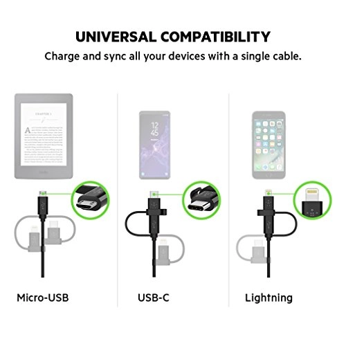 Belkin 3-in-1 Universal Micro USB, USB-C, Lightning Connector Cable 4 Feet (1.2 Meter) - Black- Belkin 3-in-1 Universal Micro USB, USB-C, Lightning Connector Cable 4 Feet (1.2 Meter) - Black-