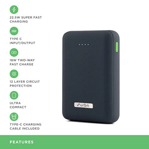 URBN 10000 mAh Lithium Polymer Power Bank with 22.5 Watt Super Fast Charging, Blue