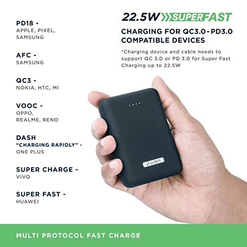 URBN 10000 mAh Lithium Polymer Power Bank with 22.5 Watt Super Fast Charging, Blue