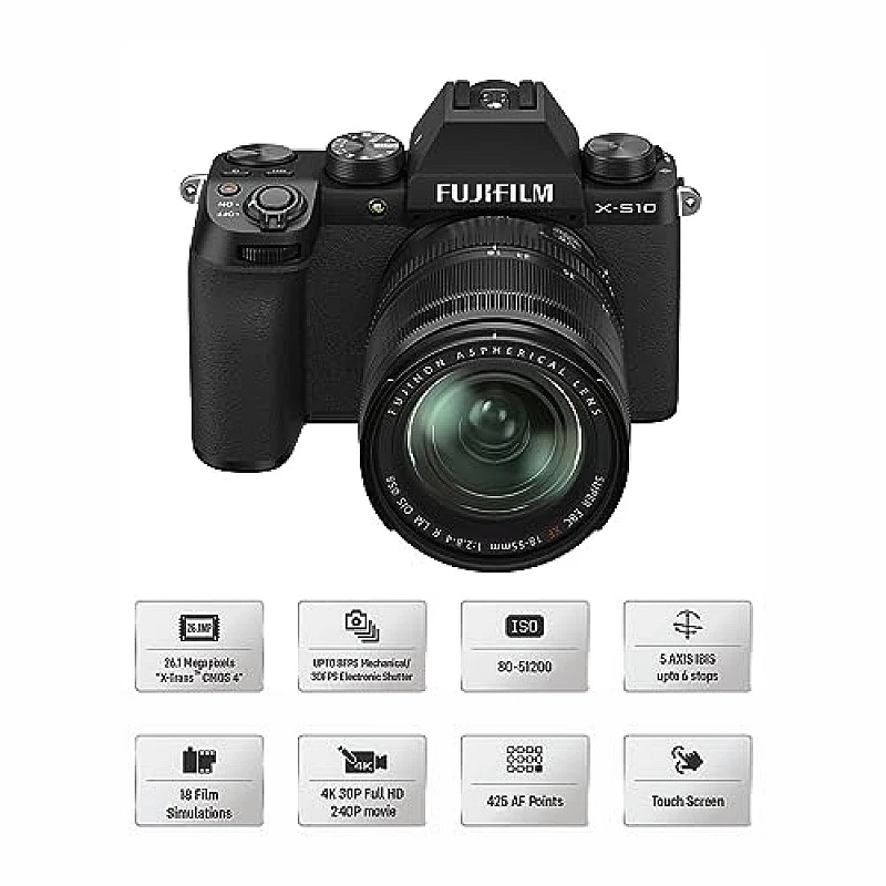 Fujifilm X-S10 Mirrorless Camera Body with XF18-55mm Lens (APS-C X-Trans CMOS 4 Sensor & FHD/240P) - Black Fujifilm X-S10 Mirrorless Camera Body with XF18-55mm Lens (APS-C X-Trans CMOS 4 Sensor & FHD/240P) - Black