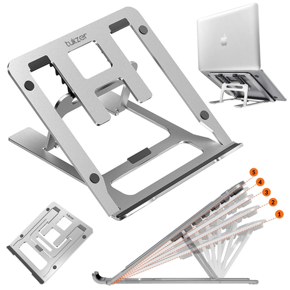 Tukzer Foldable Laptop Stand Lapdesks (Aluminium), 5-Angles Adjustments, Portable Notebook Riser Stand