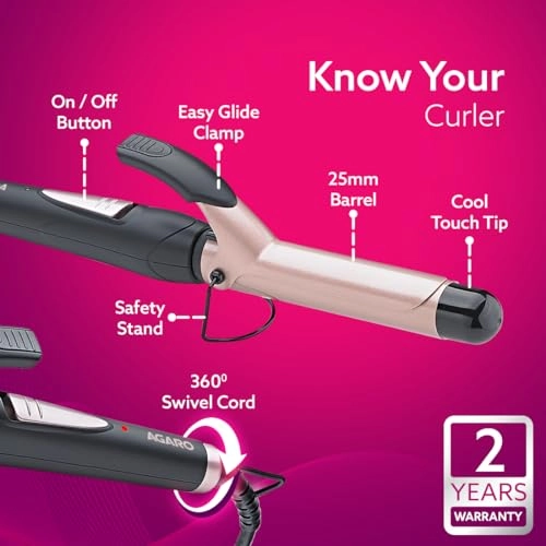 AGARO HC6001 Hair Curler | 25mm Barrel, Tourmaline Ceramic | Fast Heating, Cool Tip | For Long & Short Hair (Black & Rose Gold)