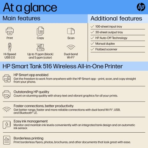 hp smart tank 516 all-in-one multi-function wifi color inkjet printer blue, black wireless, (blue, bottle), refurbished