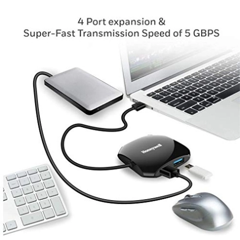 Honeywell Momentum Port 4-1 USB 3.0 Hub, Transmission Speed 5GBPS, Laptop, Speaker, Mobile, Pen Drive, Hard Drive, Keyboard Printer, Glossy Black