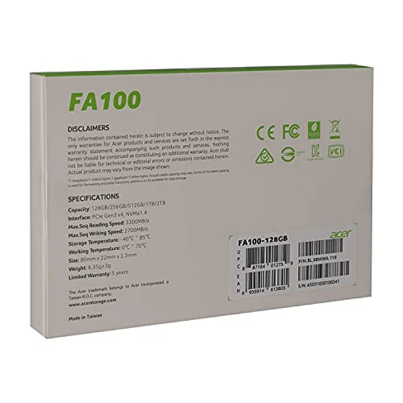 Acer FA100 128GB PCIe Gen3 x4 NVMe 3D NAND SSD M.2 Internal SSD-950MB/s R, 650MB/s W Speed Acer FA100 128GB PCIe Gen3 x4 NVMe 3D NAND SSD M.2 Internal SSD-950MB/s R, 650MB/s W Speed