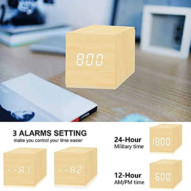 Airtree Digital Alarm Clock, with Wooden Electronic LED Time Display, Yellow Airtree Digital Alarm Clock, with Wooden Electronic LED Time Display, Yellow
