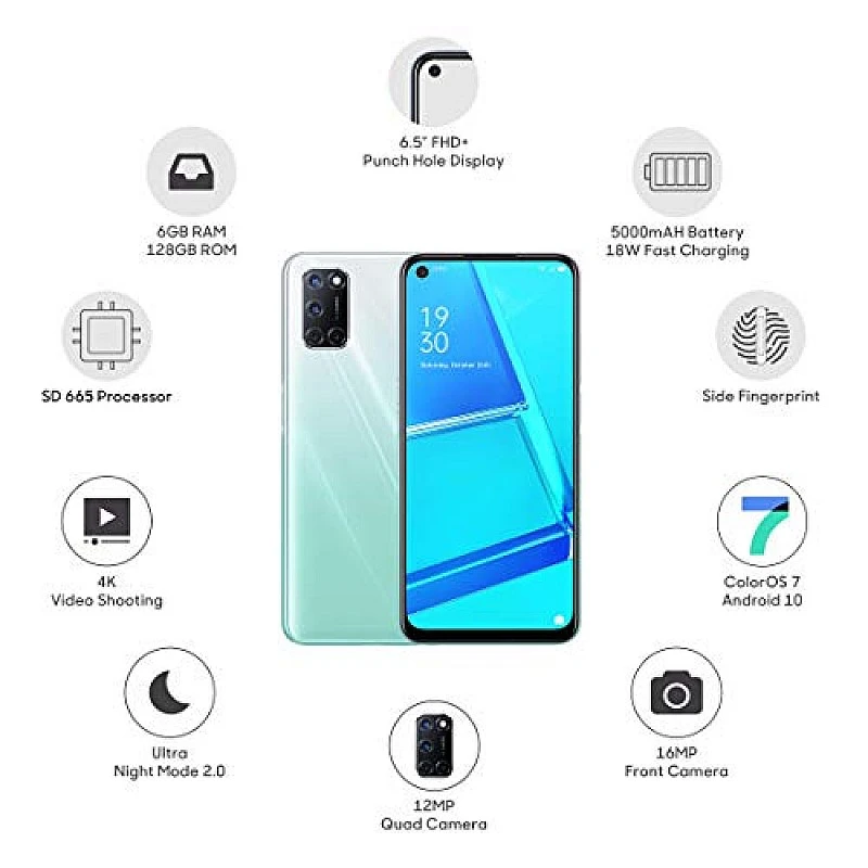 OPPO A52 (Stream White, 4GB RAM, 128GB Storage) Refurbished