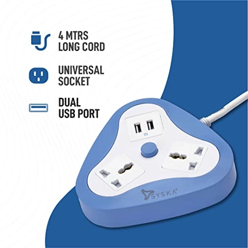 SYSKA EBU-2001 2 Way Power Strip with 2 USB 1.5 Meter Long (White, Blue) SYSKA EBU-2001 2 Way Power Strip with 2 USB 1.5 Meter Long (White, Blue)