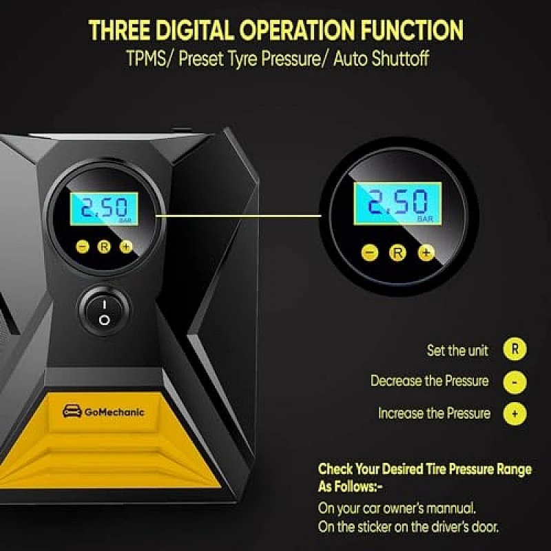 GoMechanic Gusto T10 Digital Tyre Inflator for Car 150 psi, 12V DC Portable Air Pump Compressor Suitable for Bikes GoMechanic Gusto T10 Digital Tyre Inflator for Car 150 psi, 12V DC Portable Air Pump Compressor Suitable for Bikes