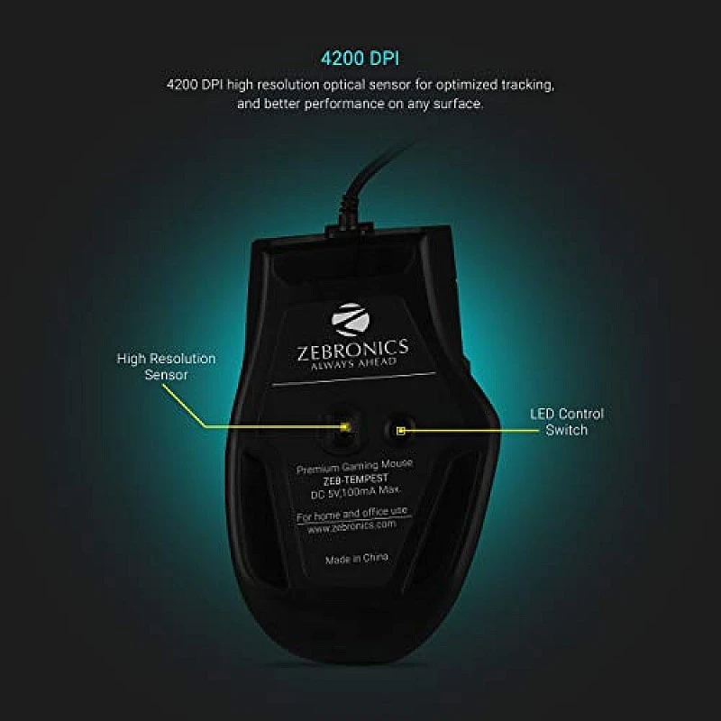 Zebronics Zeb-Tempest Plus 8-Button Wired Gaming Mouse with Rapid Fire Key, 6400 DPI Sensor, Rubber Finish, RGB Lights Zebronics Zeb-Tempest Plus 8-Button Wired Gaming Mouse with Rapid Fire Key, 6400 DPI Sensor, Rubber Finish, RGB Lights