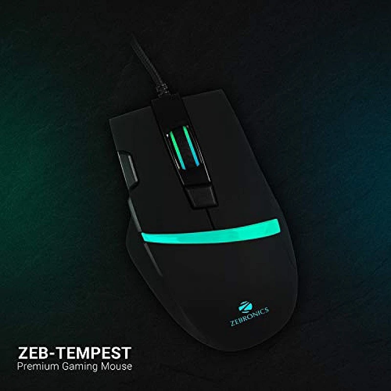 Zebronics Zeb-Tempest Plus 8-Button Wired Gaming Mouse with Rapid Fire Key, 6400 DPI Sensor, Rubber Finish, RGB Lights Zebronics Zeb-Tempest Plus 8-Button Wired Gaming Mouse with Rapid Fire Key, 6400 DPI Sensor, Rubber Finish, RGB Lights