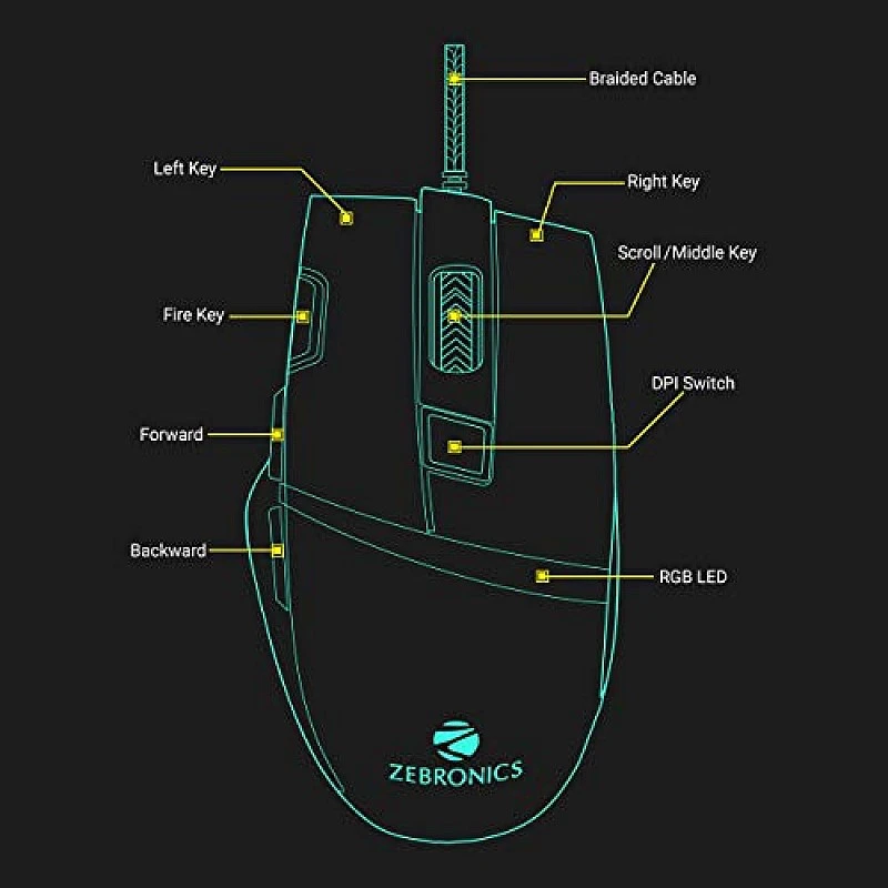 Zebronics Zeb-Tempest Plus 8-Button Wired Gaming Mouse with Rapid Fire Key, 6400 DPI Sensor, Rubber Finish, RGB Lights Zebronics Zeb-Tempest Plus 8-Button Wired Gaming Mouse with Rapid Fire Key, 6400 DPI Sensor, Rubber Finish, RGB Lights