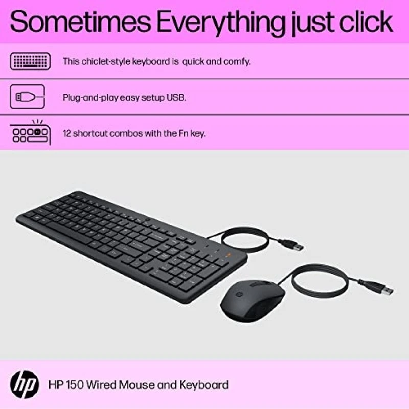 HP 150 Wired Keyboard and Mouse Combo with Instant USB Plug-and-Play Setup Black HP 150 Wired Keyboard and Mouse Combo with Instant USB Plug-and-Play Setup Black