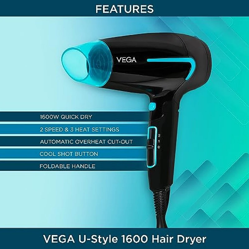 Vega Hair Dryer For Women and Men With Cool Shot Button, (U-Style Dryer 1600 Watts, Vhdh-24),Black Vega Hair Dryer For Women and Men With Cool Shot Button, (U-Style Dryer 1600 Watts, Vhdh-24),Black