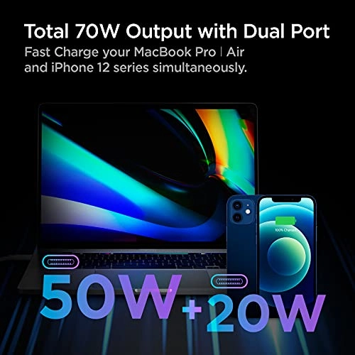 Spigen PE2007 70W GaN Dual Port Fast iPhone Wall Charger Compatible with All C Type Mobile Phones and Devices - White Spigen PE2007 70W GaN Dual Port Fast iPhone Wall Charger Compatible with All C Type Mobile Phones and Devices - White