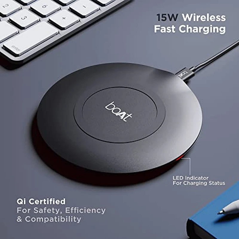 boAt floAtpad 350 Qi Certified Wireless Charger with 6mm Transmission Range, Smart IC Protection Against Damage Carbon Black boAt floAtpad 350 Qi Certified Wireless Charger with 6mm Transmission Range, Smart IC Protection Against Damage Carbon Black