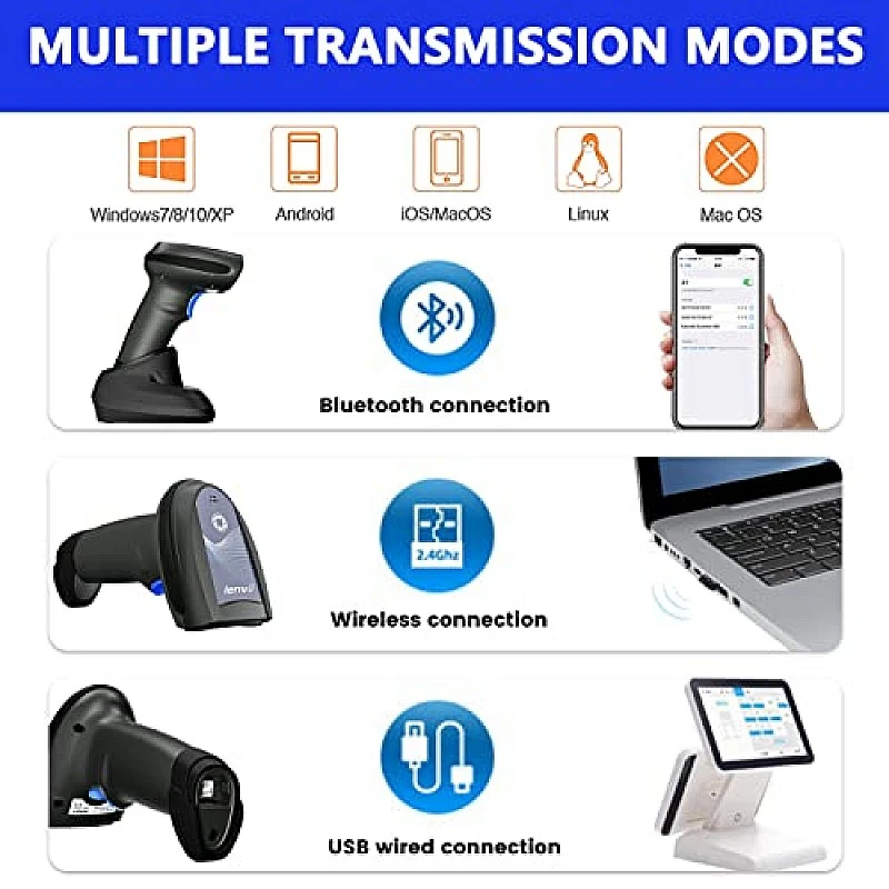 LENVII CW200 Bluetooth & Wireless 2D Barcode Scanner Handheld QR Code Scanner USB Wired 1D Barcode Reader 3 in 1 LENVII CW200 Bluetooth & Wireless 2D Barcode Scanner Handheld QR Code Scanner USB Wired 1D Barcode Reader 3 in 1