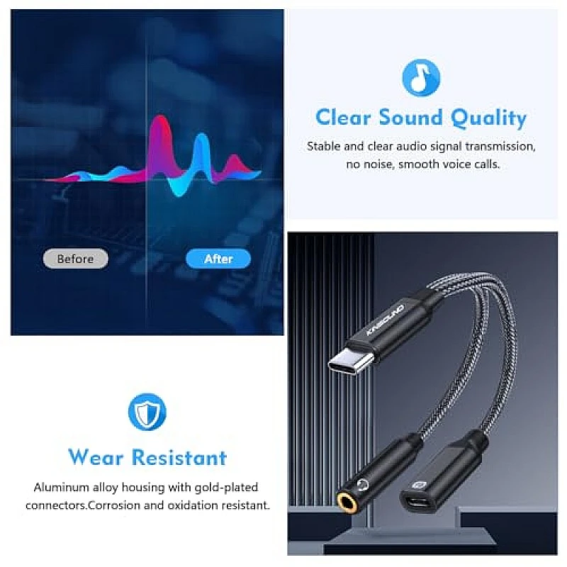 Kinsound USB C to 3.5 mm Jack Audio Adapter, Type C to 3.5mm Jack Audio Connector & PD Fast Charging Kinsound USB C to 3.5 mm Jack Audio Adapter, Type C to 3.5mm Jack Audio Connector & PD Fast Charging