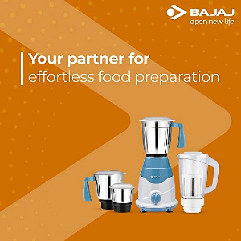 Bajaj Rex DLX Mixer Grinder 750W Mixie For Kitchen With Nutri-Pro Feature 4 Stainless Steel Mixer Jar White Blue Bajaj Rex DLX Mixer Grinder 750W Mixie For Kitchen With Nutri-Pro Feature 4 Stainless Steel Mixer Jar White Blue