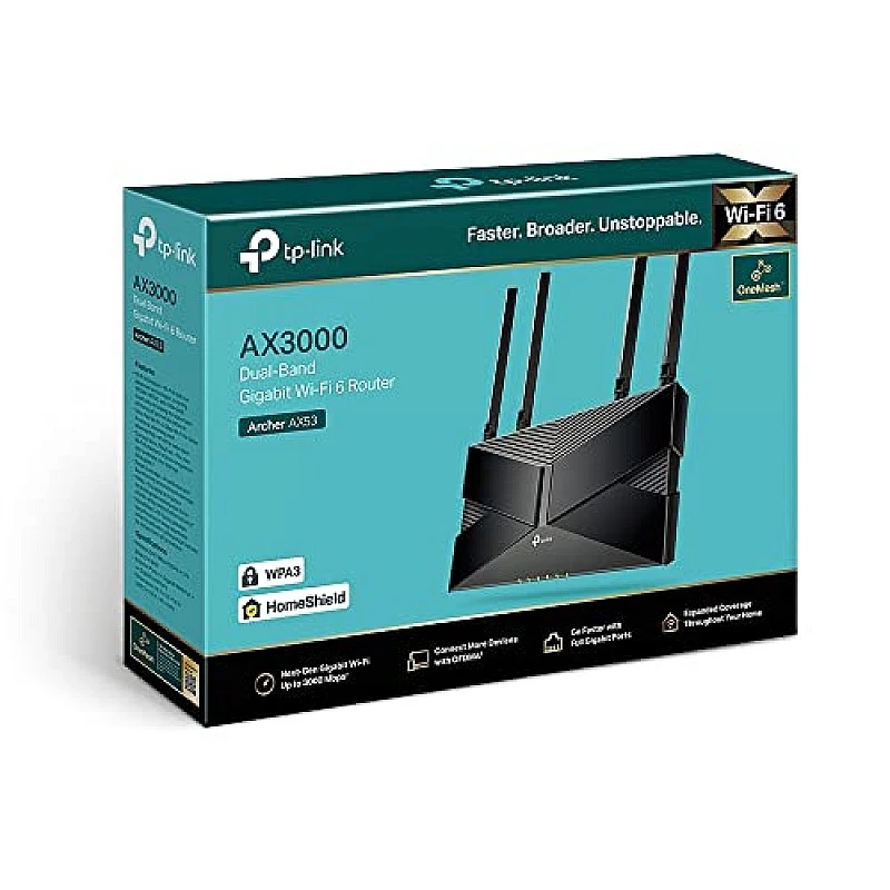 TP-Link Next-Gen Wi-Fi 6 AX3000 Mbps Gigabit Dual Band Smart Wireless Router, OneMesh Supported (Archer AX53), Black TP-Link Next-Gen Wi-Fi 6 AX3000 Mbps Gigabit Dual Band Smart Wireless Router, OneMesh Supported (Archer AX53), Black