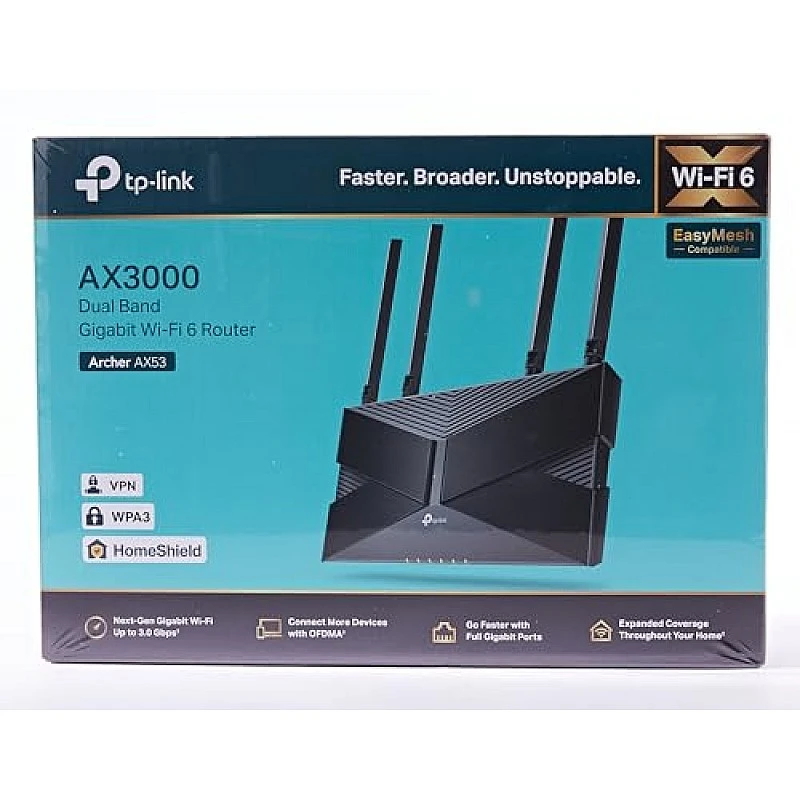 TP-Link Next-Gen Wi-Fi 6 AX3000 Mbps Gigabit Dual Band Smart Wireless Router, OneMesh Supported (Archer AX53), Black TP-Link Next-Gen Wi-Fi 6 AX3000 Mbps Gigabit Dual Band Smart Wireless Router, OneMesh Supported (Archer AX53), Black