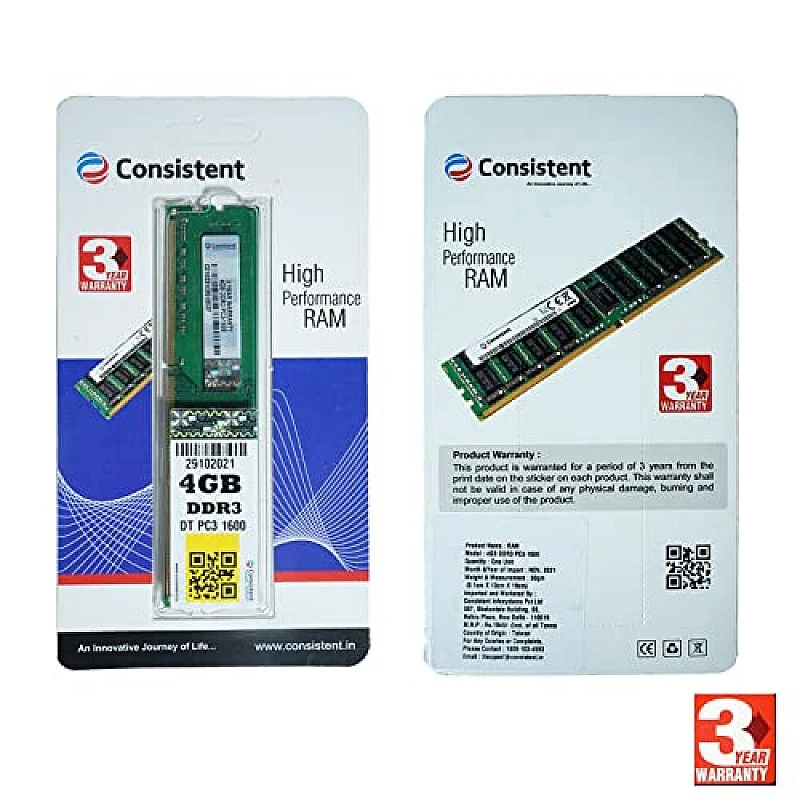 Consistent - 4GB DDR3 RAM 1600MHz Desktop Memory Consistent - 4GB DDR3 RAM 1600MHz Desktop Memory