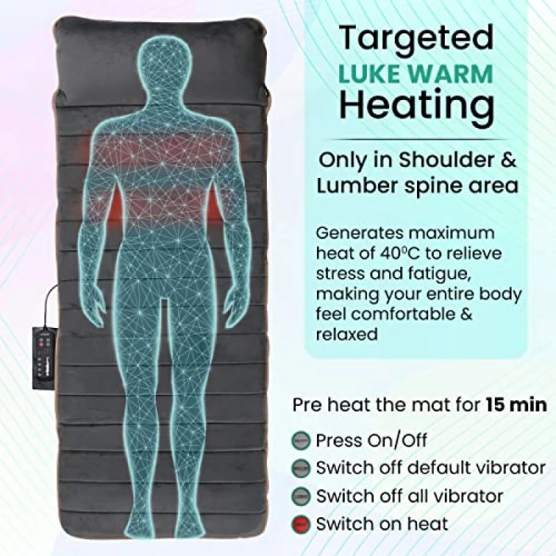 AGARO M8754 Massage Mat with Lukewarm Heat-10 Motors Vibrating Massage Mattress Pad with 2 Heating Pads for Back Grey AGARO M8754 Massage Mat with Lukewarm Heat-10 Motors Vibrating Massage Mattress Pad with 2 Heating Pads for Back Grey
