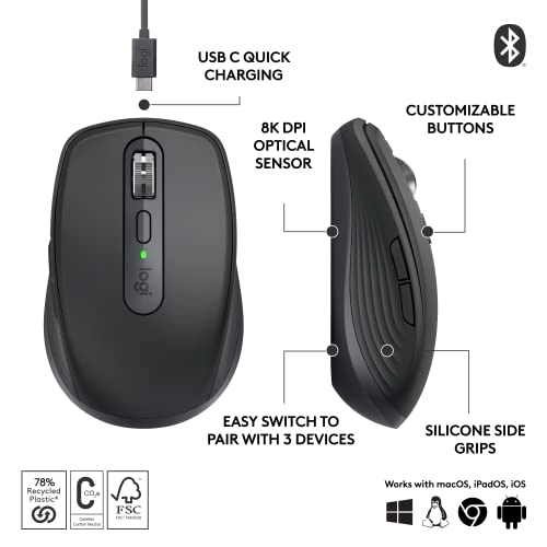 Logitech MX Anywhere 3 Compact Performance Mouse Wireless, 4000DPI Sensor, USB-C, Bluetooth,- Graphite