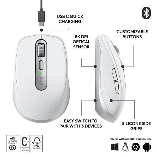 Logitech MX Anywhere 3 Compact Performance Mouse Wireless, 4000DPI Sensor, USB-C, Bluetooth,- Graphite