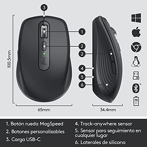 Logitech MX Anywhere 3 Compact Performance Mouse Wireless, 4000DPI Sensor, USB-C, Bluetooth,- Graphite