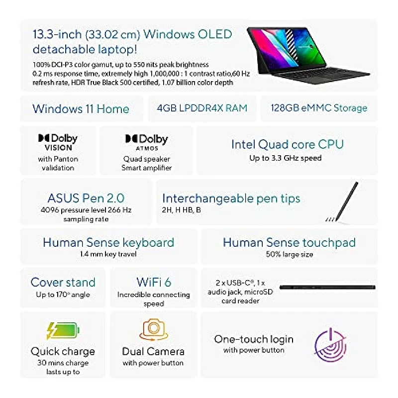 ASUS VivoBook 13 Slate Intel Pentium Silver N6000, 13.3 inches FHD OLED Touch 2-in-1 Laptop (4GB/128GB eMMC/Office 2021/Windows 11 Home/Black) ASUS VivoBook 13 Slate Intel Pentium Silver N6000, 13.3 inches FHD OLED Touch 2-in-1 Laptop (4GB/128GB eMMC/Office 2021/Windows 11 Home/Black)