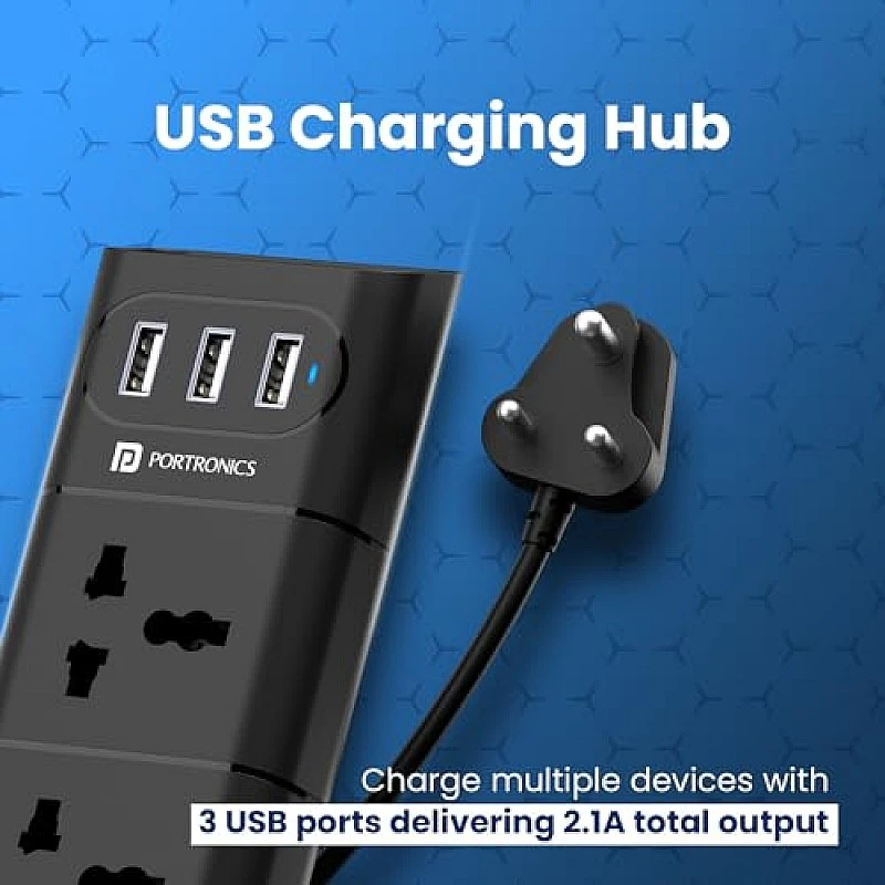 Portronics Power Plate 6 with 4 USB Port + 5 Power Sockets Extension Board, 2500W Power Converter, Cord Length 3Mtr (Black) Portronics Power Plate 6 with 4 USB Port + 5 Power Sockets Extension Board, 2500W Power Converter, Cord Length 3Mtr (Black)