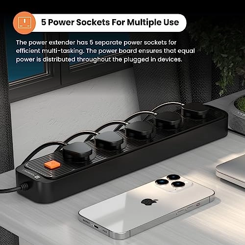 Portronics Power Plate 6 with 4 USB Port + 5 Power Sockets Extension Board, 2500W Power Converter, Cord Length 3Mtr (Black) Portronics Power Plate 6 with 4 USB Port + 5 Power Sockets Extension Board, 2500W Power Converter, Cord Length 3Mtr (Black)