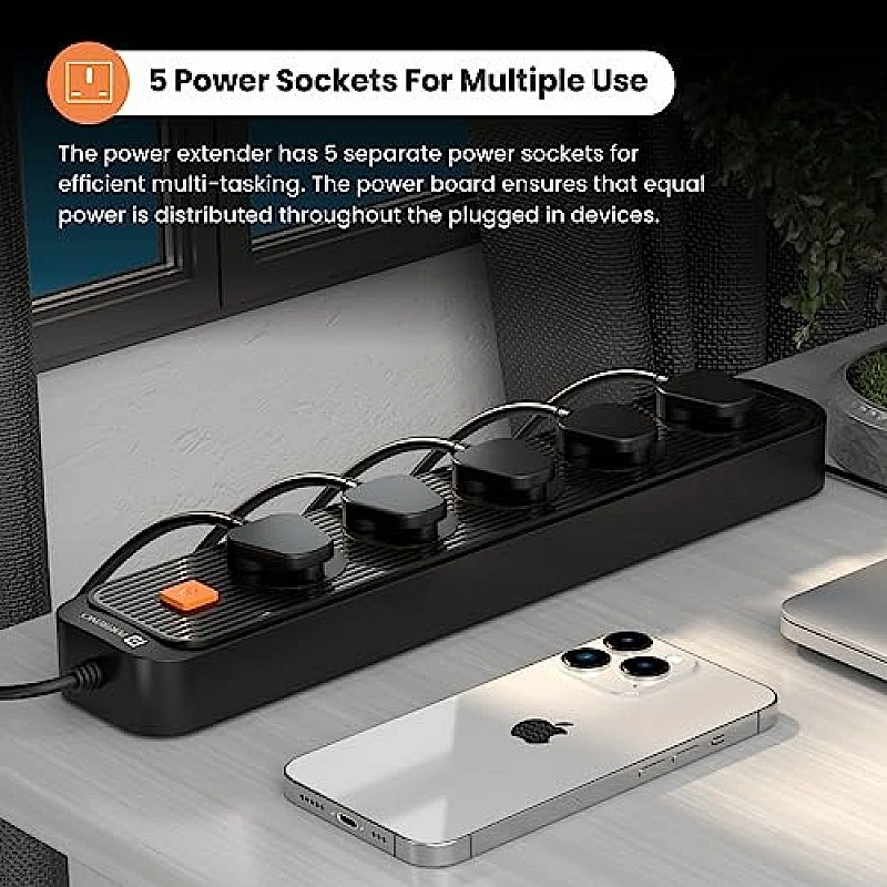 Portronics Power Plate 6 with 4 USB Port + 5 Power Sockets Extension Board, 2500W Power Converter, Cord Length 3Mtr (Black) Portronics Power Plate 6 with 4 USB Port + 5 Power Sockets Extension Board, 2500W Power Converter, Cord Length 3Mtr (Black)