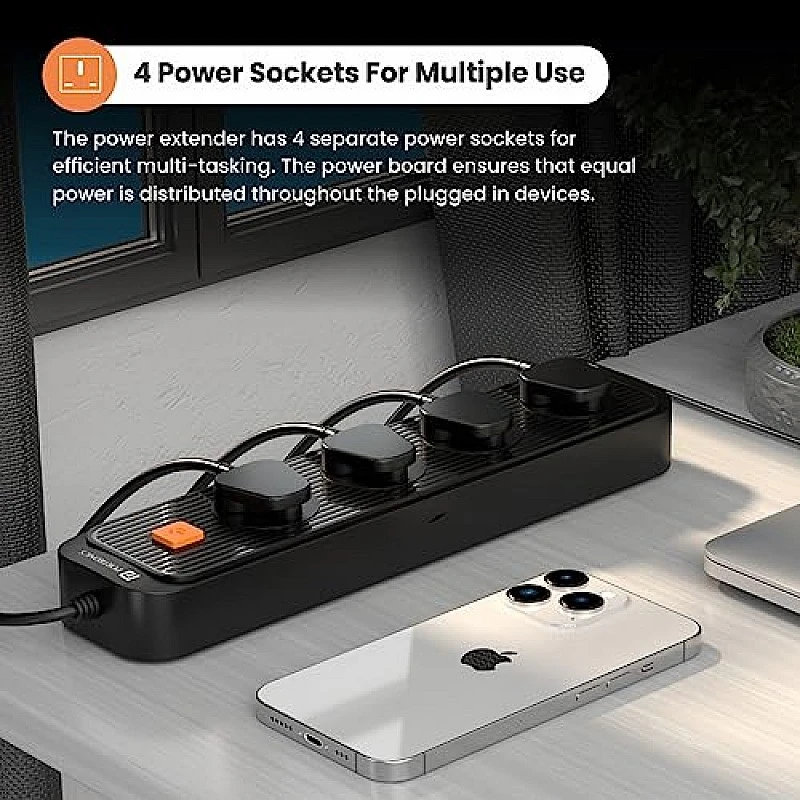 Portronics Power Plate 6 with 4 USB Port + 5 Power Sockets Extension Board, 2500W Power Converter, Cord Length 3Mtr (Black) Portronics Power Plate 6 with 4 USB Port + 5 Power Sockets Extension Board, 2500W Power Converter, Cord Length 3Mtr (Black)